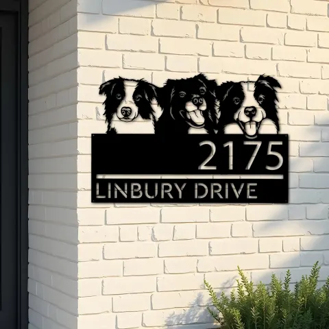 Custom Metal Peeking dogs border collie Metal Address Sign, House number, Outdoor Number Signage, Yard Sign Address Plate