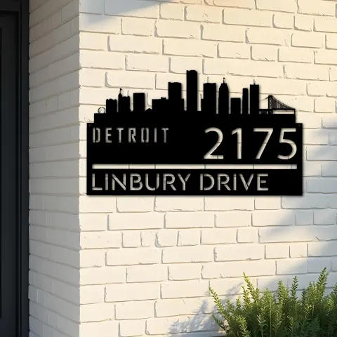 Custom Metal Detroit city skyline Metal Address Sign Hanging Address Plaque house number Yard Outdoor Sign