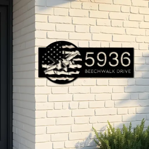Custom Metal Airplane jet on US flag Metal Address Sign House number Hanging Address Plaque Yard Sign Outdoor
