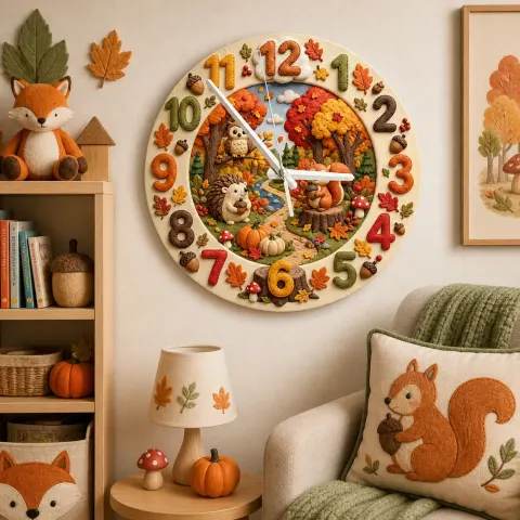 Herbst Waldtiere Kinderzimmer Wanduhr | Herbstwald Babyzimmer Dekor, Geschenkidee zur Babyparty und Geburtstagsgeschenk (34,5 cm)
