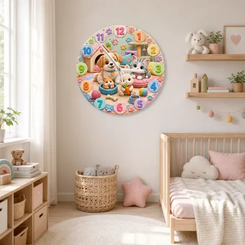 Cute Puppy Kitten Bunny Kids Room Wall Clock | Pastel Pet Animal Nursery Wall Decor, Baby Shower Birthday Present (13.6 inch / 34.5 cm)