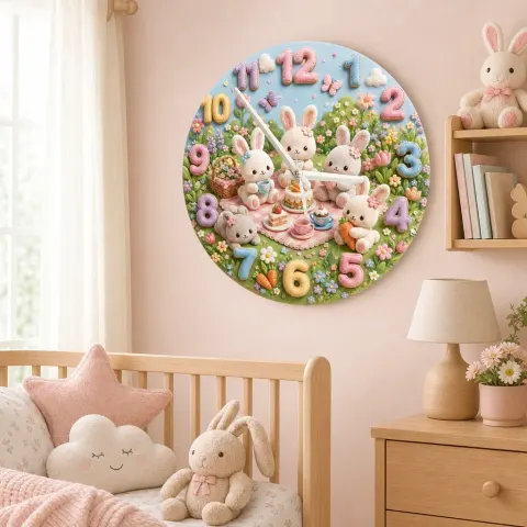 Pastell Hase Tee-Party Wanduhr für Kinderzimmer | Waldtier Babyausstattung, Süßes Geschenk zum Geburtstag für Mädchen (34,5 cm)