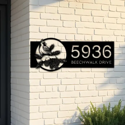 Custom Metal Northern cardinal bird Metal Address Sign, House number, Outdoor Number Signage, Yard Sign Address Plate