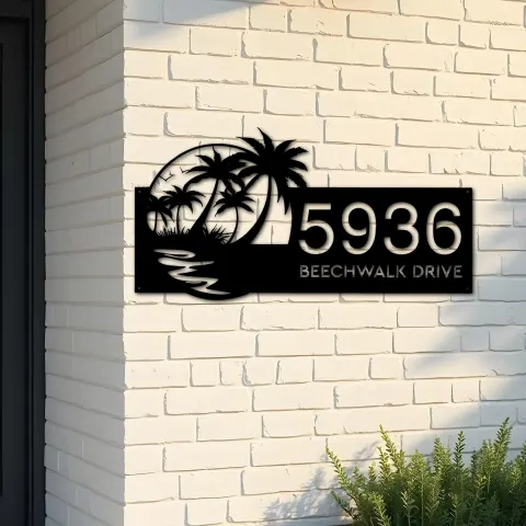 Custom Metal Beach Scene Summer Palm Tree Metal Address Sign, House number, Outdoor Number Signage, Yard Sign Address Plate