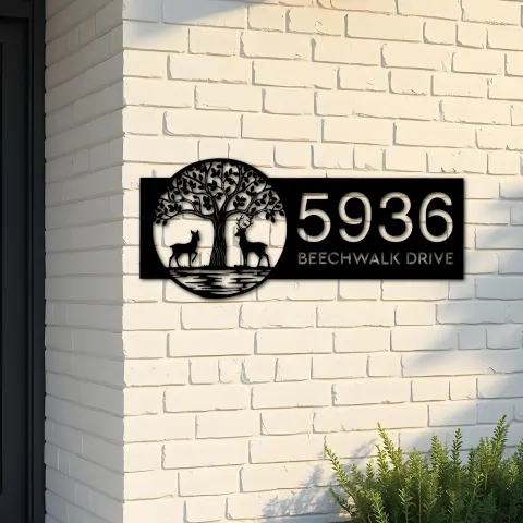 Custom Metal Leafy Tree and Couple Deer Metal Address Sign, House number, Outdoor Number Signage, Yard Sign Address Plate