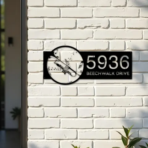 Vista alternativa de Custom Metal Trumpet musical instrument Metal Address Sign Custom House number Hanging Address Plaque Yard Sign Outdoor Sign
