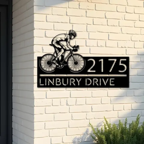 Custom Metal Cyclist biker Metal Address Sign, House number, Outdoor Number Signage, Yard Sign Address Plate
