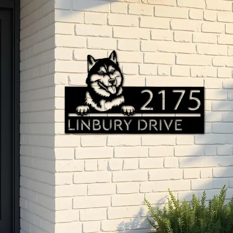 Custom Metal Siberian Husky dog Puppy Metal Address Sign House number Hanging Address Plaque Yard Sign Outdoor decor
