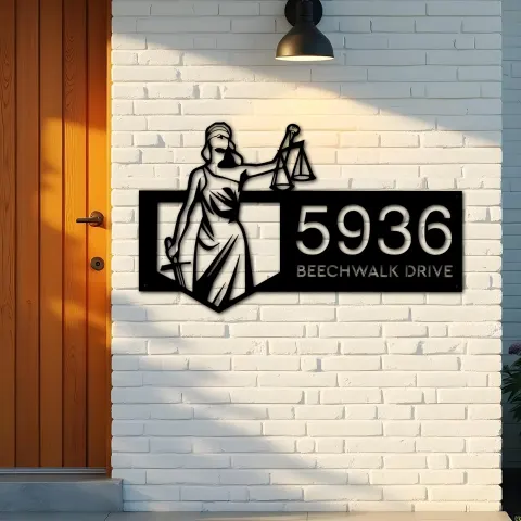 Vue alternative de Custom Metal Lady Justice Themis lawyer Metal Address Sign, House number, Outdoor Number Signage, Yard Sign Address Plate