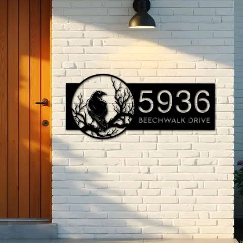 Vista alternativa de Custom Metal Black crow raven on a tree branch Metal Address Sign, House number, Outdoor Number Signage, Yard Sign Address Plate