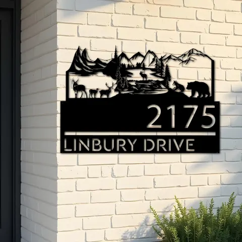 Custom Metal Forest elk deer bear scene Metal Address Sign, House number, Outdoor Number Signage, Yard Sign Address Plate