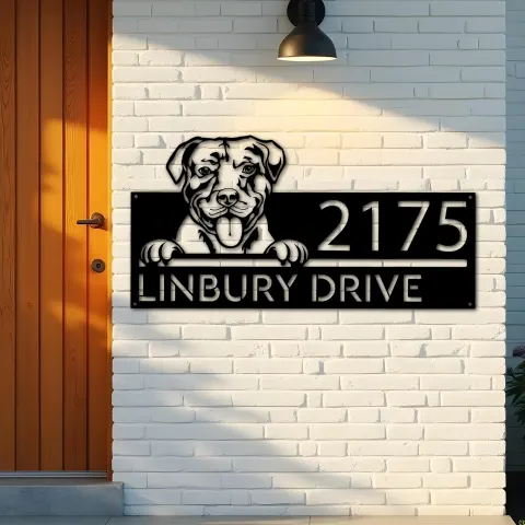 Vista alternativa de Custom Metal American Pitbull dog cute puppy Metal Address Sign House number Hanging Address Plaque Yard Sign Outdoor decor