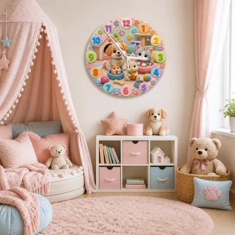 Cute Puppy Kitten Bunny Kids Room Wall Clock | Pastel Pet Animal Nursery Wall Decor, Baby Shower Birthday Present (13.6 inch / 34.5 cm) alternate view