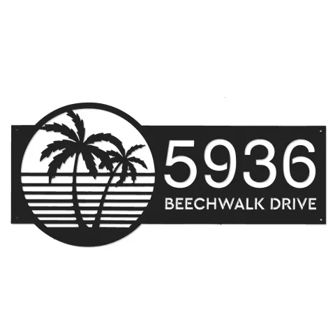 Vista alternativa de Custom Metal Palm tree sunset Metal Address Sign, House number, Outdoor Number Signage, Yard Sign Address Plate