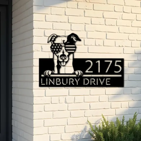 Custom Metal Greyhound dog US flag glasses Metal Address Sign House number Hanging Address Plaque Yard Sign Outdoor decor