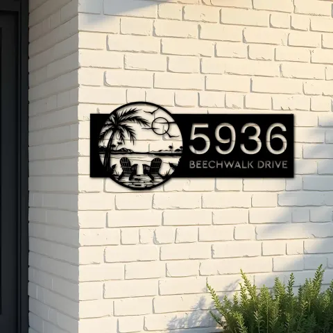 Custom Metal Palm Tree Chairs on Beach Sunset Metal Address Sign Custom House number Hanging Address Plaque Yard Sign Outdoor