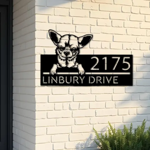 Custom Metal Chihuahua dog Puppy Metal Address Sign House number Hanging Address Plaque Yard Sign Outdoor decor