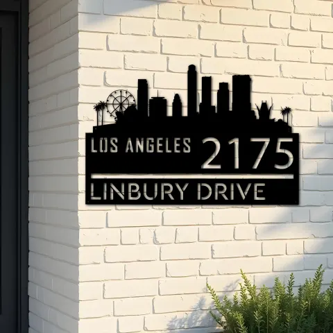 Custom Metal Los Angeles city skyline Metal Address Sign Hanging Address Plaque house number Yard Outdoor Sign