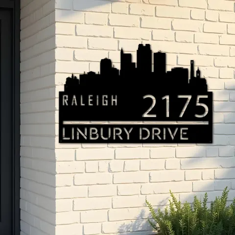 Custom Metal Raleigh city skyline Metal Address Sign Hanging Address Plaque house number Yard Outdoor Sign