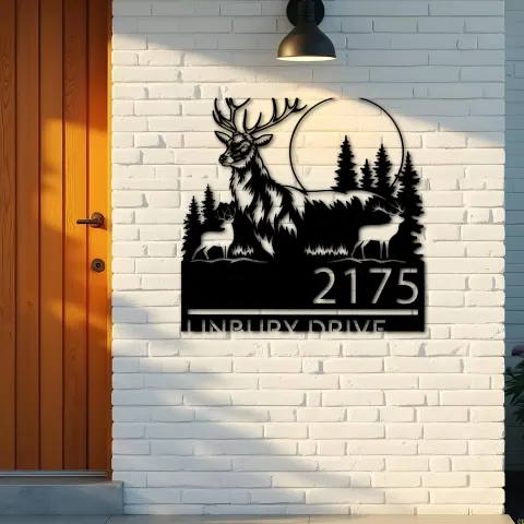 Vue alternative de Custom Metal Elk deer wildlife scene Metal Address Sign, House number, Outdoor Number Signage, Yard Sign Address Plate