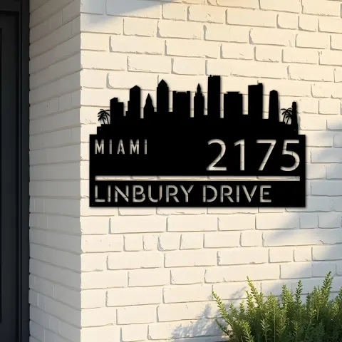 Custom Metal Miami city skyline Metal Address Sign Hanging Address Plaque house number Yard Outdoor Sign