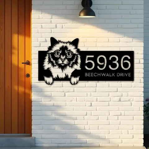 Vue alternative de Custom Metal Holy Burma Cute peeking cat kitten Metal Address Sign, House number, Outdoor Number Signage, Yard Sign Address Plate