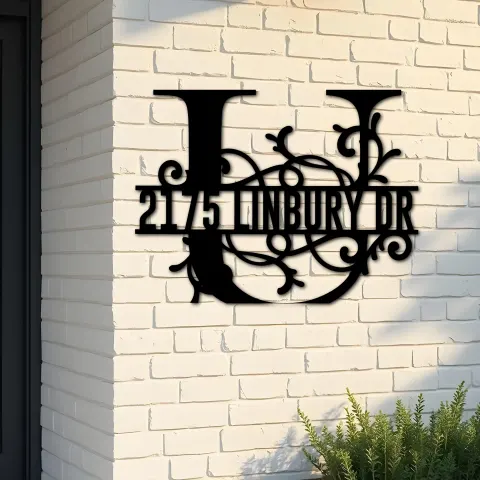 Custom Metal Floral Monogram Split Letter U Metal Address Sign House number Hanging Address Plaque Yard Sign Outdoor decor