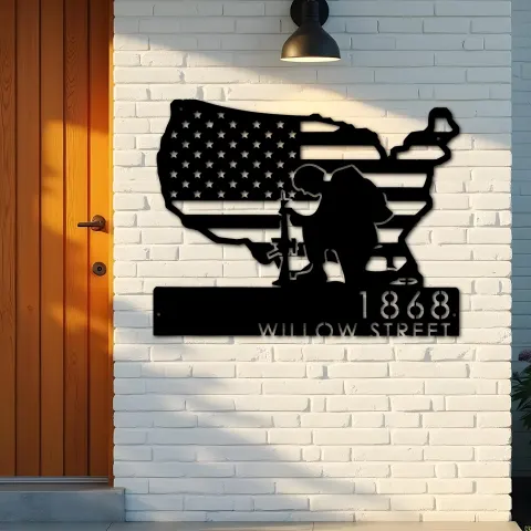 Vista alternativa de Custom Metal Soldier American Flag Patriotic Army Metal Address Sign, House number, Outdoor Number Signage, Yard Sign Address Plate