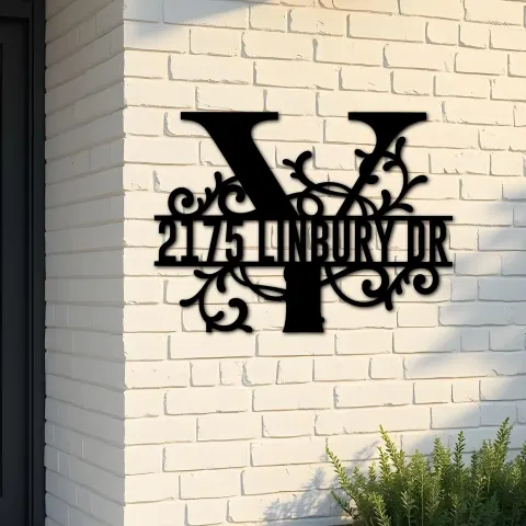 Custom Metal Floral Monogram Split Letter Y Metal Address Sign House number Hanging Address Plaque Yard Sign Outdoor decor