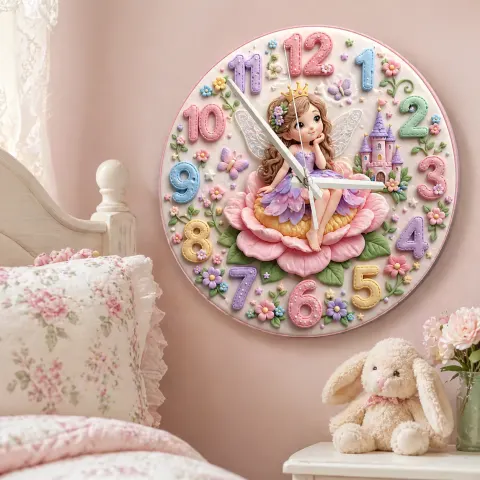Verspielte Feenprinzessin Wanduhr für Kinderzimmer | Verwunschenes Schloss Blumen Dekor, Geschenk für das Kinderzimmer (34,5 cm)