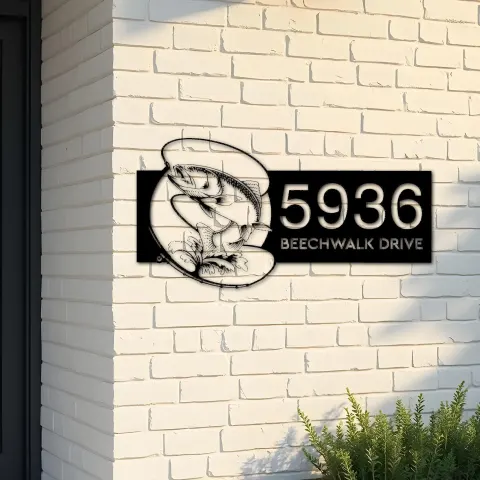 Custom Metal Trout fishing rod bait hook Metal Address Sign, House number, Outdoor Number Signage, Yard Sign Address Plate