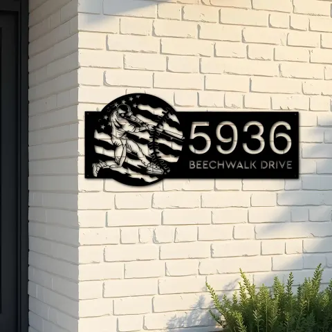 Custom Metal Baseball player distressed US flag Metal Address Sign, House number, Outdoor Number Signage, Yard Sign Address Plate