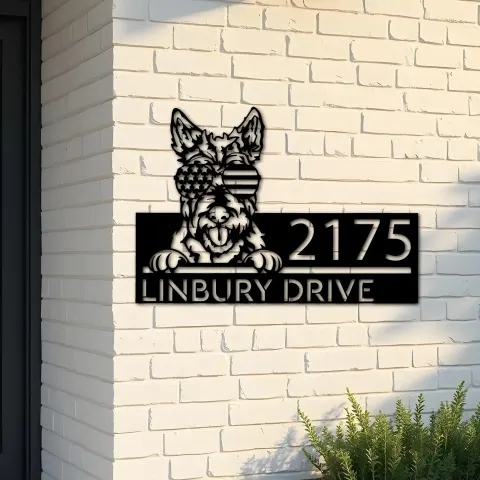 Custom Metal Scottish Terrier US flag glasses Metal Address Sign House number Hanging Address Plaque Yard Sign Outdoor decor