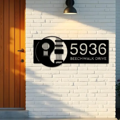 Vista alternativa de Custom Metal Yin Yang Guitar guitarist player Metal Address Sign, House number, Outdoor Number Signage, Yard Sign Address Plate