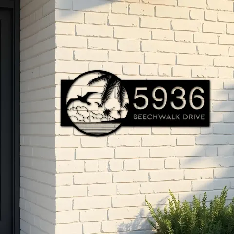 Custom Metal Birds island palm tree Metal Address Sign House number Hanging Address Plaque Yard Sign Outdoor