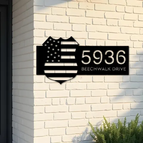Custom Metal Police badge American Flag Patriotic Metal Address Sign, House number, Outdoor Number Signage, Yard Sign Address Plate