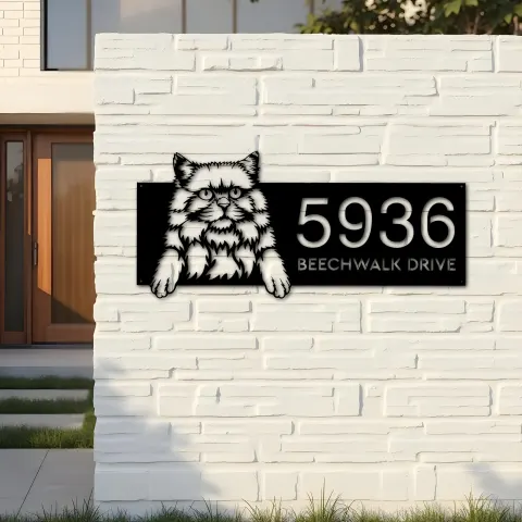 Vista alternativa de Custom Metal British longhair Cute peeking cat Metal Address Sign, House number, Outdoor Number Signage, Yard Sign Address Plate
