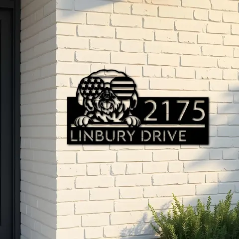 Custom Metal Shih Tzu dog US flag glasses Metal Address Sign House number Hanging Address Plaque Yard Sign Outdoor decor