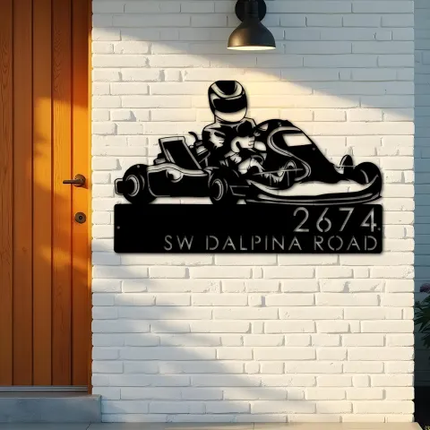 Vue alternative de Custom Metal Go kart driver racing Metal Address Sign, House number, Outdoor Number Signage, Yard Sign Address Plate