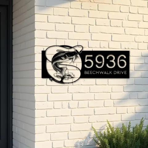 Custom Metal Catfish fishing rod bait hook Metal Address Sign, House number, Outdoor Number Signage, Yard Sign Address Plate