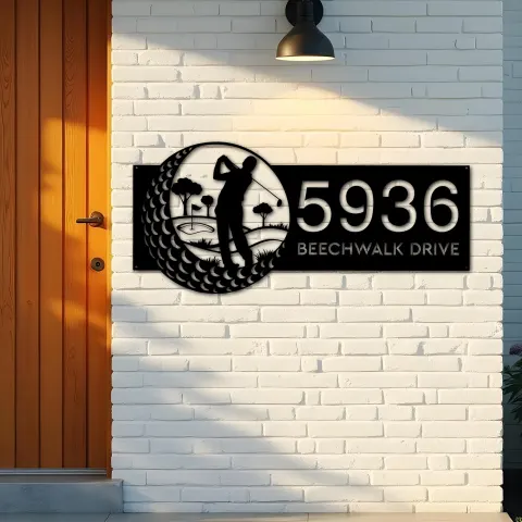 Vue alternative de Custom Metal Golfer Golf Club Metal Address Sign, House number, Outdoor Number Signage, Yard Sign Address Plate