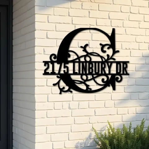 Custom Metal Floral Monogram Split Letter C Metal Address Sign House number Hanging Address Plaque Yard Sign Outdoor decor