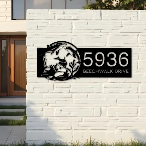 Vue alternative de Custom Metal Ocean scene sea life dolphins Metal Address Sign, House number, Outdoor Number Signage, Yard Sign Address Plate