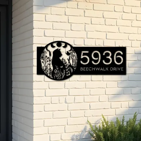 Custom Metal Floral cat moon phases Metal Address Sign, House number, Outdoor Number Signage, Yard Sign Address Plate