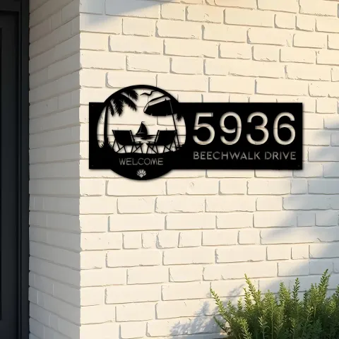Custom Metal Palm Beach scene Metal Address Sign, House number, Outdoor Number Signage, Yard Sign Address Plate