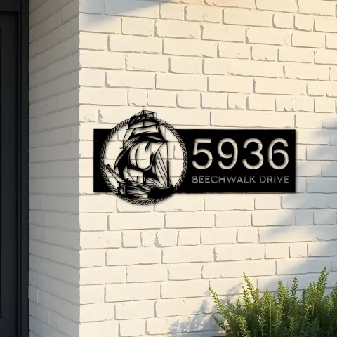 Custom Metal Ship with rope sea adventure Metal Address Sign, House number, Outdoor Number Signage, Yard Sign Address Plate