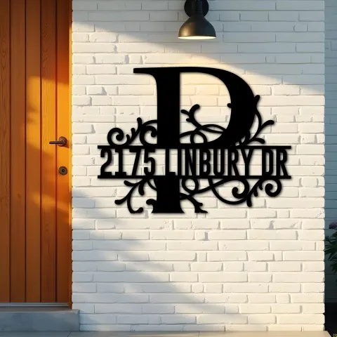 Vue alternative de Custom Metal Floral Monogram Split Letter P Metal Address Sign House number Hanging Address Plaque Yard Sign Outdoor decor