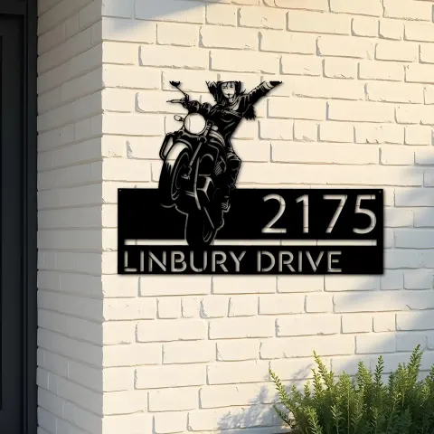 Custom Metal Girl biker bike rider Metal Address Sign, House number, Outdoor Number Signage, Yard Sign Address Plate