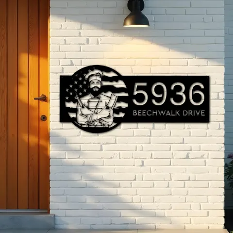 Vista alternativa de Custom Metal Chef cook cooking US flag Metal Address Sign, House number, Outdoor Number Signage, Yard Sign Address Plate
