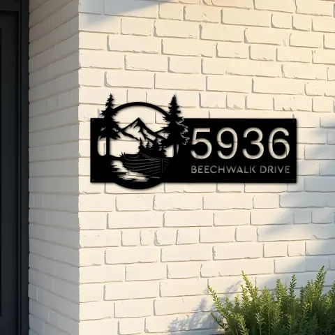 Custom Metal Boat on River Mountain Forest Wild Scene Metal Address Sign House Number Hanging Address Plaque Yard Sign Outdoor Sign